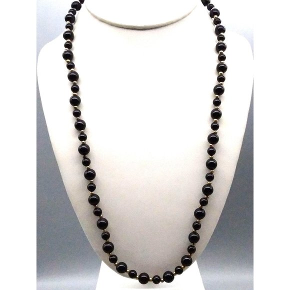 Classic Vintage Lucite Beaded Necklace, Chic Black Strand with Gold Tone Spacer - Picture 1 of 3